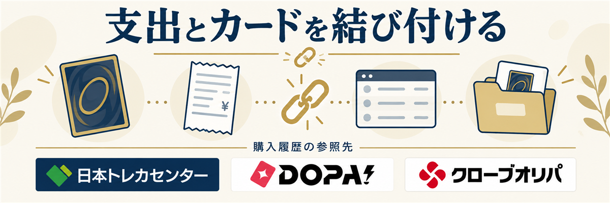支出とカードを結び付ける。購入履歴の参照先として日本トレカセンター・DOPA!・クローブオリパのロゴを掲載
