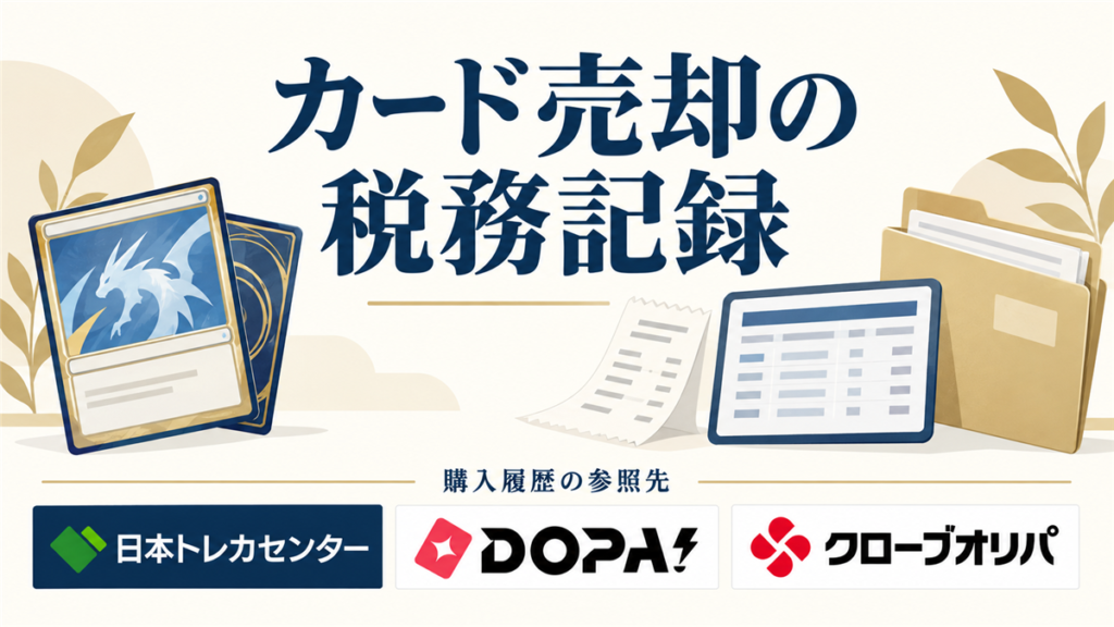 カード売却の税務記録。購入履歴の参照先として日本トレカセンター・DOPA!・クローブオリパのロゴを掲載