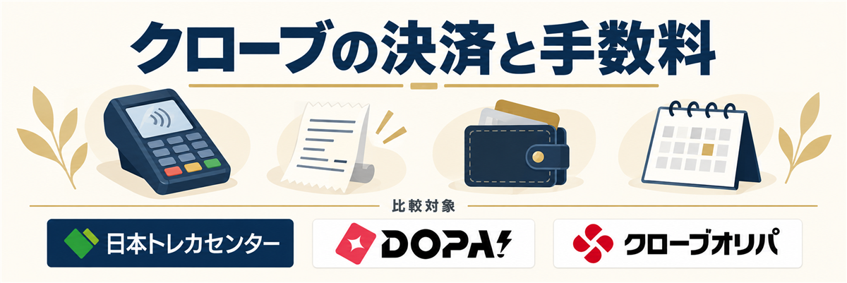 クローブの決済と手数料。比較対象として日本トレカセンター・DOPA!・クローブオリパのロゴを掲載