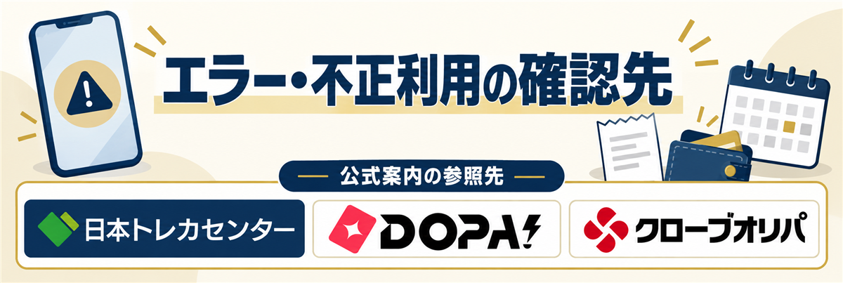 エラー・不正利用の確認先。公式案内の参照先として日本トレカセンター・DOPA!・クローブオリパのロゴを掲載