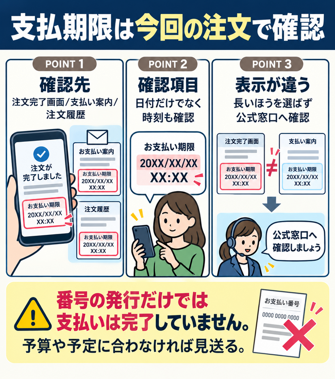 支払期限は今回の注文で確認。確認先:注文完了画面/支払い案内/注文履歴。確認項目:日付だけでなく時刻も確認。表示が違う:長いほうを選ばず公式窓口へ確認。番号の発行だけでは支払いは完了していません。予算や予定に合わなければ見送る