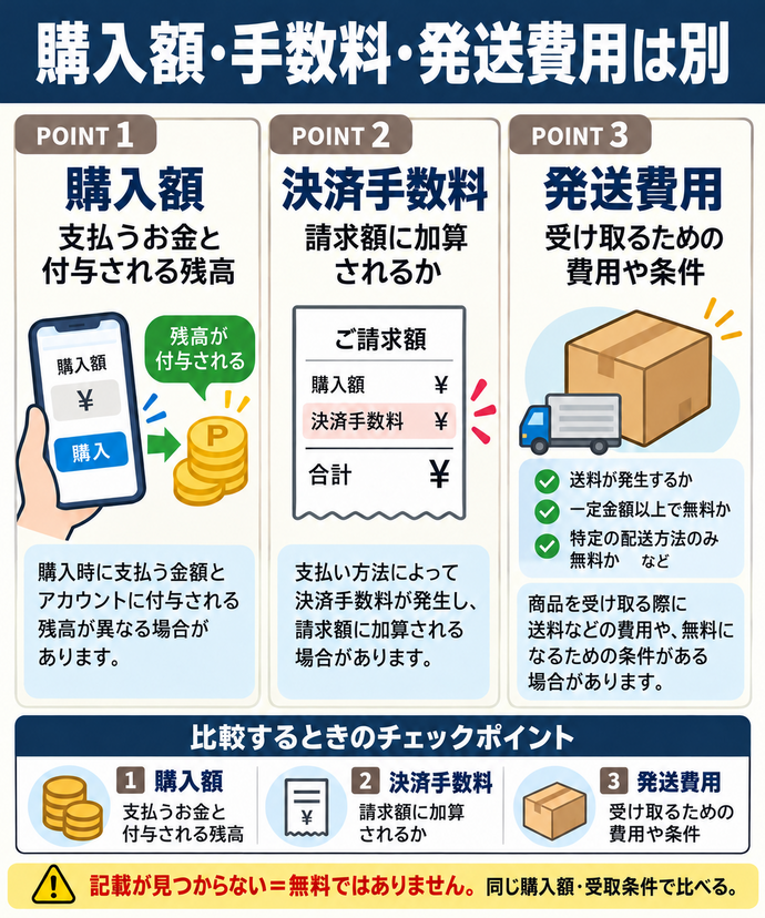 購入額・手数料・発送費用は別。① 購入額:支払うお金と付与される残高。② 決済手数料:請求額に加算されるか。③ 発送費用:受け取るための費用や条件。記載が見つからない=無料ではありません。同じ購入額・受取条件で比べる