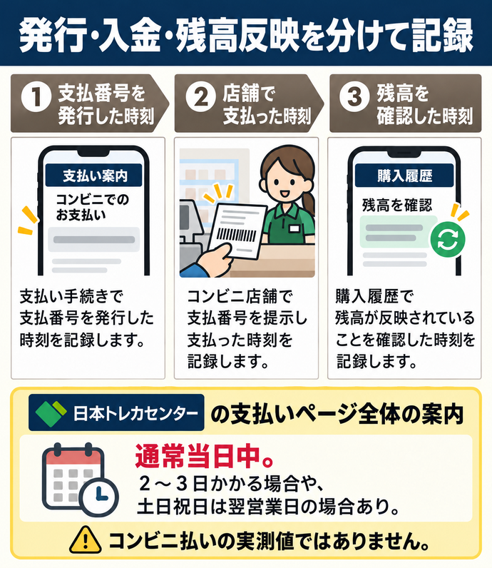発行・入金・残高反映を分けて記録。① 支払番号を発行した時刻。② 店舗で支払った時刻。③ 残高を確認した時刻。日本トレカセンターの支払いページ全体の案内:通常当日中。2〜3日かかる場合や、土日祝日は翌営業日の場合あり。コンビニ払いの実測値ではありません