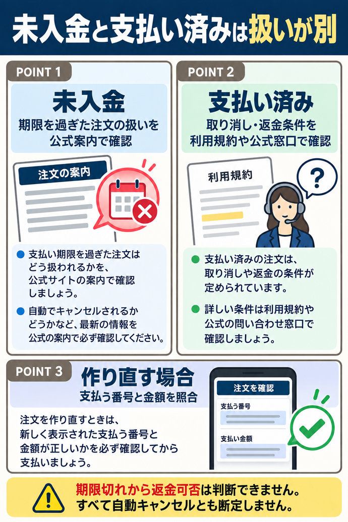 未入金と支払い済みは扱いが別。未入金:期限を過ぎた注文の扱いを公式案内で確認。支払い済み:取り消し・返金条件を利用規約や公式窓口で確認。作り直す場合:支払う番号と金額を照合。期限切れから返金可否は判断できません。すべて自動キャンセルとも断定しません