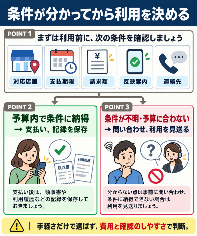条件が分かってから利用を決める。確認:対応店舗/支払期限/請求額/反映案内/連絡先。予算内で条件に納得 → 支払い、記録を保存。条件が不明・予算に合わない → 問い合わせ、利用を見送る。手軽さだけで選ばず、費用と確認のしやすさで判断