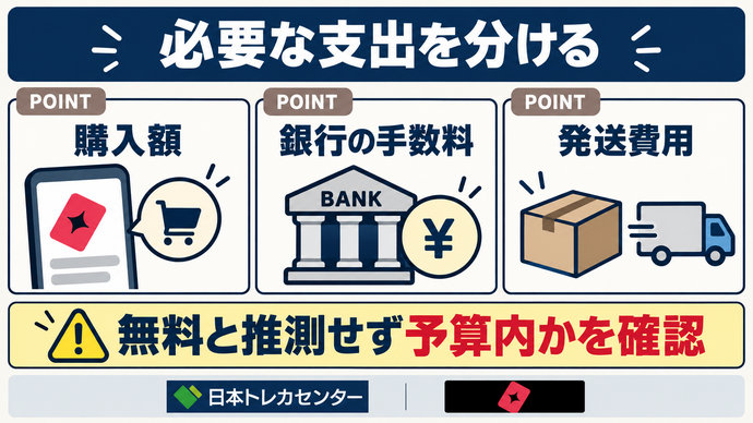必要な支出を分ける。購入額/銀行の手数料/発送費用。無料と推測せず予算内かを確認