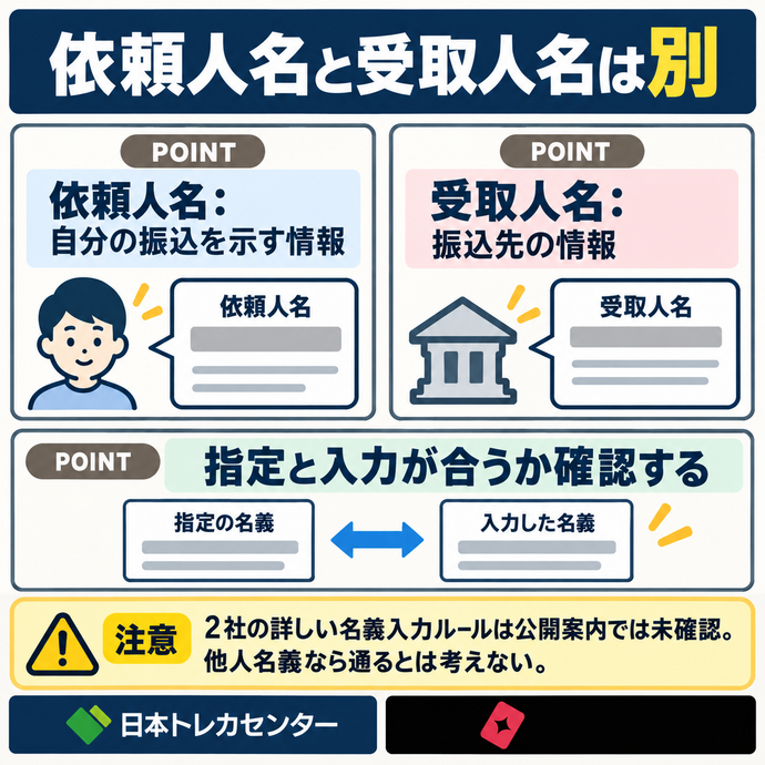 依頼人名と受取人名は別。依頼人名:自分の振込を示す情報。受取人名:振込先の情報。指定と入力が合うか確認する。2社の詳しい名義入力ルールは公開案内では未確認。他人名義なら通るとは考えない