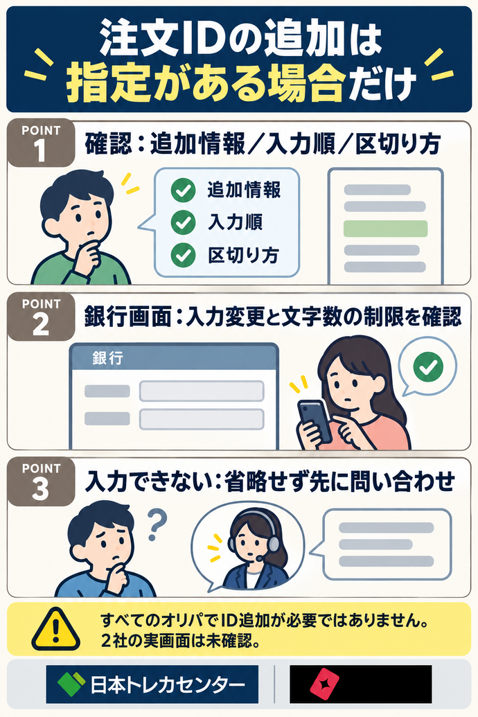 注文IDの追加は指定がある場合だけ。確認:追加情報/入力順/区切り方。銀行画面:入力変更と文字数の制限を確認。入力できない:省略せず先に問い合わせ。すべてのオリパでID追加が必要ではありません。2社の実画面は未確認