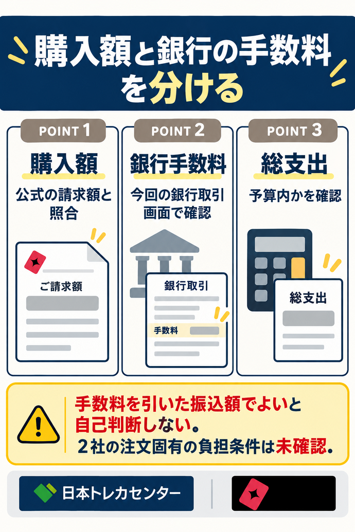購入額と銀行の手数料を分ける。購入額:公式の請求額と照合。銀行手数料:今回の銀行取引画面で確認。総支出:予算内かを確認。手数料を引いた振込額でよいと自己判断しない。2社の注文固有の負担条件は未確認