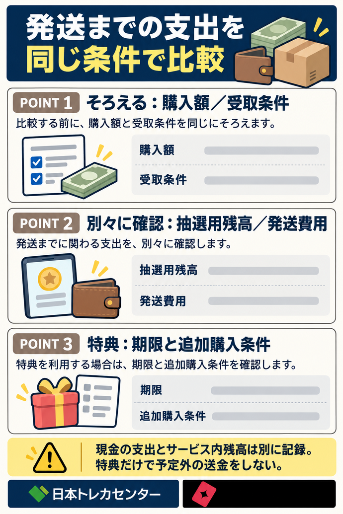 発送までの支出を同じ条件で比較。そろえる:購入額/受取条件。別々に確認:抽選用残高/発送費用。特典:期限と追加購入条件。現金の支出とサービス内残高は別に記録。特典だけで予定外の送金をしない