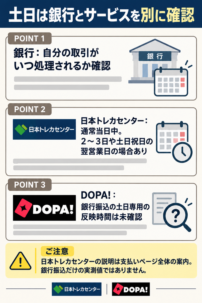土日は銀行とサービスを別に確認。銀行:自分の取引がいつ処理されるか確認。日本トレカセンター:通常当日中。2〜3日や土日祝日の翌営業日の場合あり。DOPA!:銀行振込の土日専用の反映時間は未確認。日本トレカセンターの説明は支払いページ全体の案内。銀行振込だけの実測値ではありません