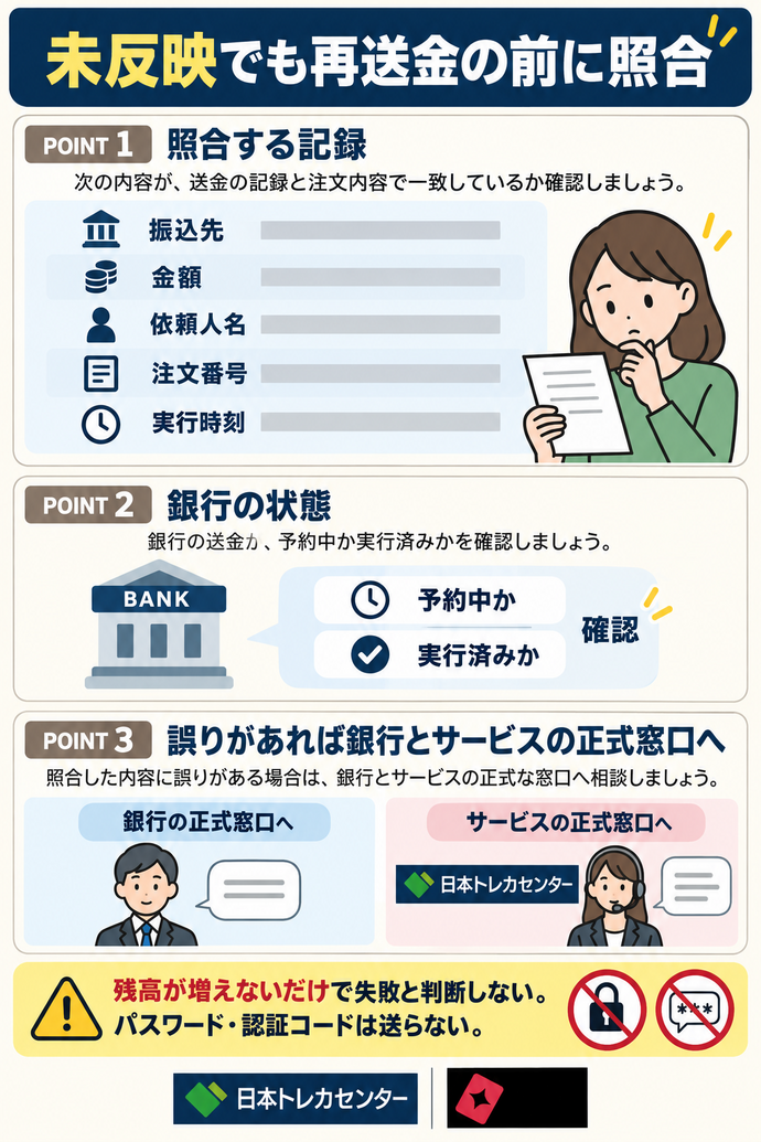 未反映でも再送金の前に照合。照合する記録:振込先/金額/依頼人名/注文番号/実行時刻。銀行の状態:予約中か実行済みか確認。誤りがあれば銀行とサービスの正式窓口へ。残高が増えないだけで失敗と判断しない。パスワード・認証コードは送らない