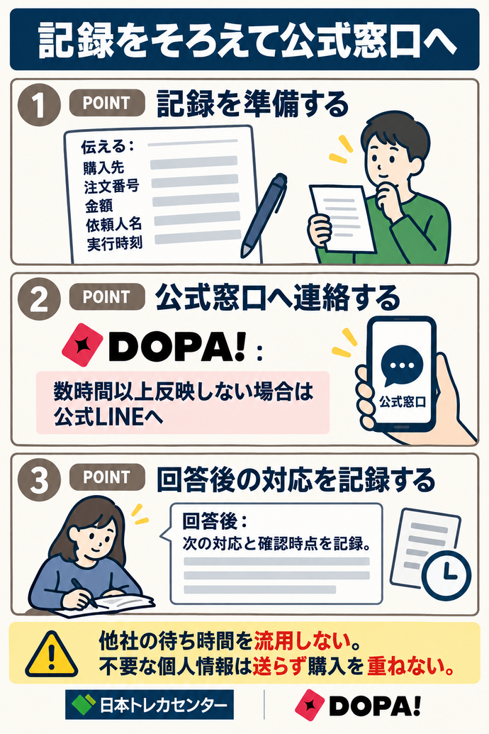 記録をそろえて公式窓口へ。伝える:購入先/注文番号/金額/依頼人名/実行時刻。DOPA!:数時間以上反映しない場合は公式LINEへ。回答後:次の対応と確認時点を記録。他社の待ち時間を流用しない。不要な個人情報は送らず購入を重ねない