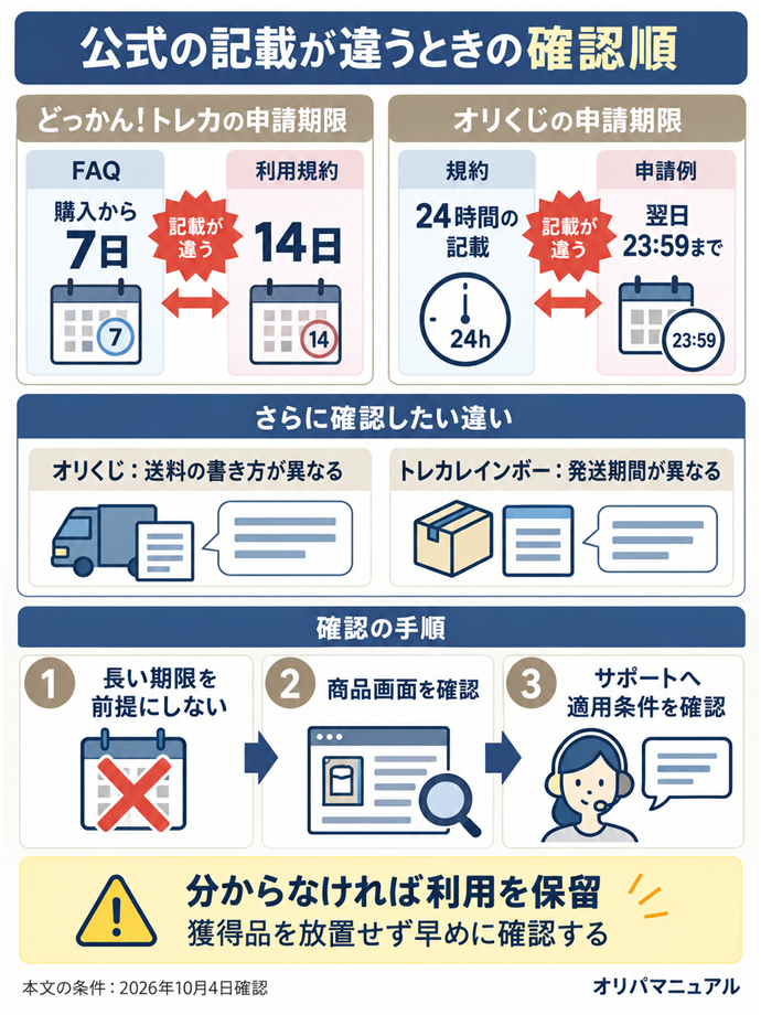 公式の記載が違うときの確認順。どっかん！トレカの申請期限／FAQ：購入から7日／利用規約：14日／オリくじの申請期限／規約：24時間の記載／申請例：翌日23:59まで／さらに確認したい違い／オリくじ：送料の書き方が異なる／トレカレインボー：発送期間が異なる／長い期限を前提にしない／商品画面を確認／サポートへ適用条件を確認／分からなければ利用を保留／獲得品を放置せず早めに確認する。本文の条件は2026年10月4日確認。