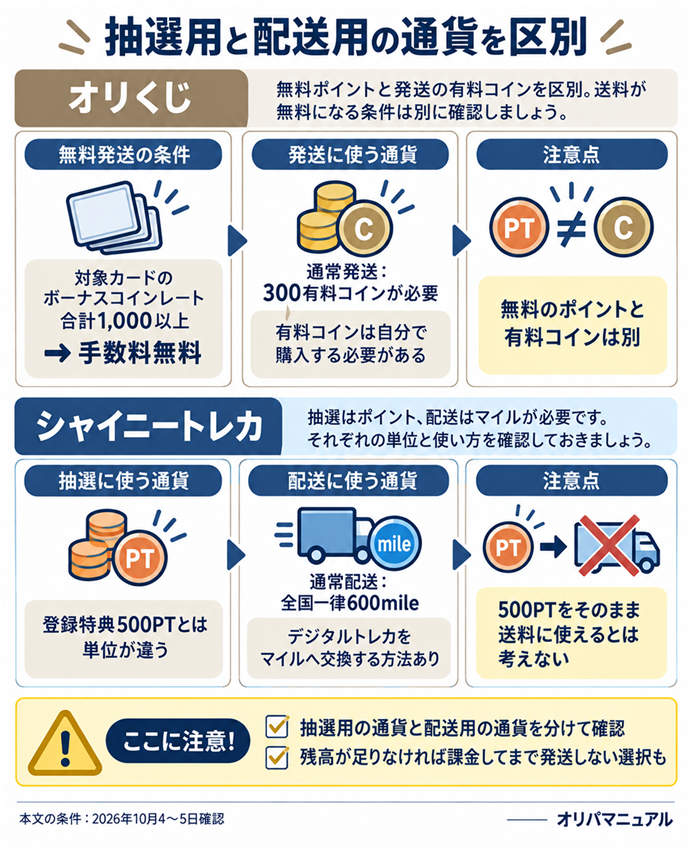 抽選用と配送用の通貨を区別。オリくじ／通常発送：300有料コインが必要／有料コインは自分で購入する必要がある／対象カードのボーナスコインレート合計1,000以上 → 手数料無料／無料のポイントと有料コインは別／シャイニートレカ／通常配送：全国一律600mile／登録特典500PTとは単位が違う／デジタルトレカをマイルへ交換する方法あり／500PTをそのまま送料に使えるとは考えない／抽選用の通貨と配送用の通貨を分けて確認／残高が足りなければ課金してまで発送しない選択も。本文の条件は2026年10月4〜5日確認。