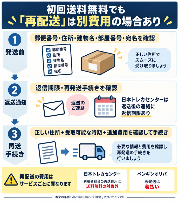 初回送料無料でも「再配送」は別費用の場合あり。発送前｜郵便番号・住所・建物名・部屋番号・宛名を確認／日本トレカセンター｜利用者都合の再送費用は送料無料の対象外／ペンギンオリパ｜再発送は着払い／返送通知｜返信期限・再発送手続きを確認／日本トレカセンターは返送後の連絡に返信期限あり／正しい住所＋受取可能な時期＋追加費用を確認して手続き。本文の条件は2026年10月4〜5日確認。