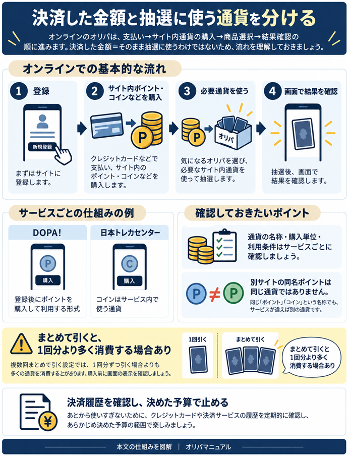 決済した金額と抽選に使う通貨を分ける。登録→サイト内ポイント・コインなどを購入→必要通貨を使う→画面で結果を確認／DOPA!｜登録後にポイントを購入して利用する形式／日本トレカセンター｜コインはサービス内で使う通貨／通貨の名称・購入単位・利用条件はサービスごとに確認／別サイトの同名ポイントは同じ通貨ではない／まとめて引くと、1回分より多く消費する場合あり／決済履歴を確認し、決めた予算で止める。現行N004本文の仕組みを図解。