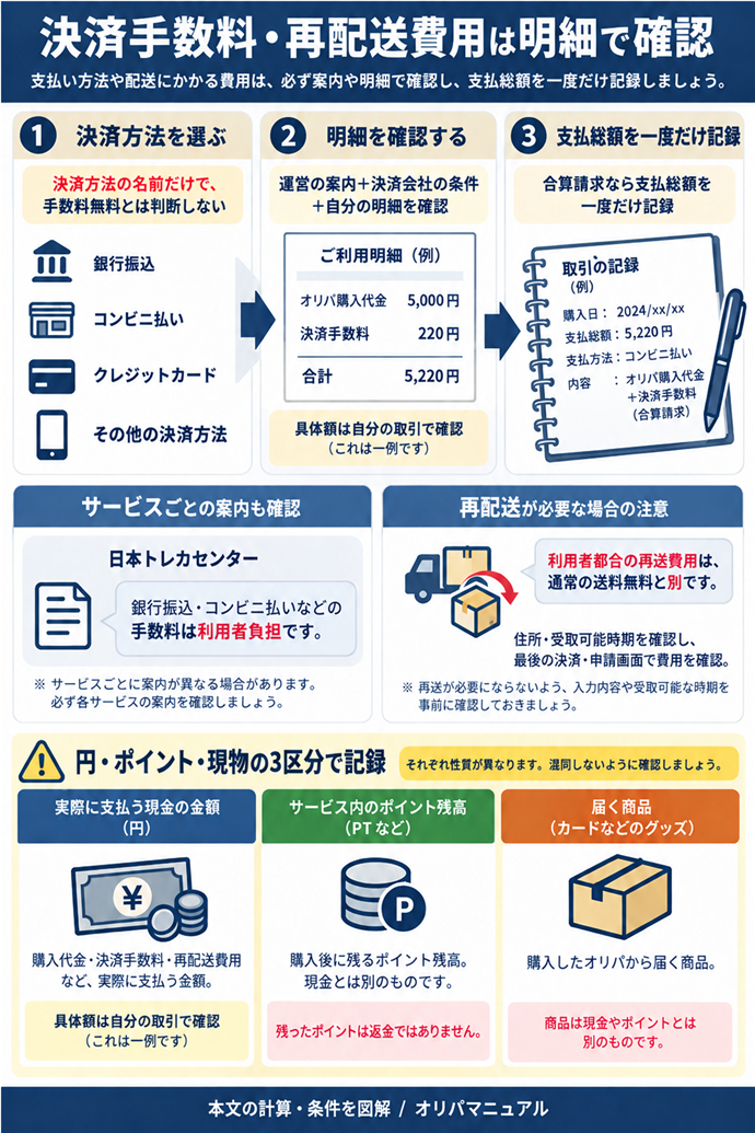 決済手数料・再配送費用は明細で確認。決済方法の名前だけで、手数料無料とは判断しない／運営の案内＋決済会社の条件＋自分の明細を確認／日本トレカセンター｜銀行振込・コンビニ払いなどの手数料は利用者負担／利用者都合の再送費用は、通常の送料無料と別／具体額は自分の取引で確認／合算請求なら支払総額を一度だけ記録／住所・受取可能時期を確認し、最後の決済・申請画面で費用を確認。現行N005本文の仕組みを図解。