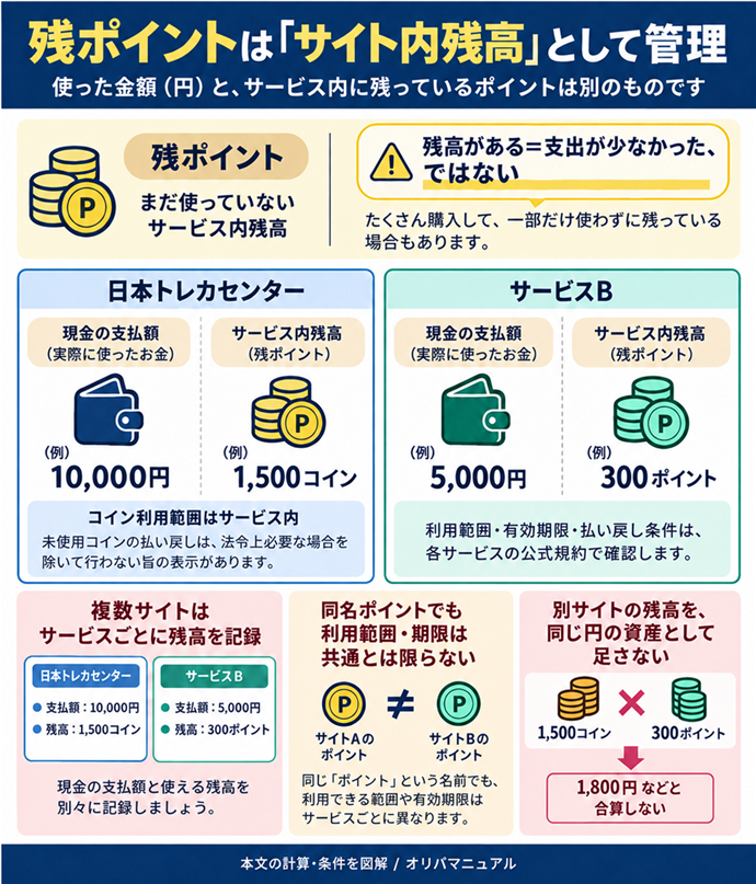 残ポイントは「サイト内残高」として管理。残ポイント｜まだ使っていないサービス内残高／残高がある＝支出が少なかった、ではない／日本トレカセンター｜コイン利用範囲はサービス内／未使用コインの払い戻しは、法令上必要な場合を除いて行わない旨の表示／現金の支払額と使える残高を別々に記録／複数サイトはサービスごとに残高を記録／同名ポイントでも利用範囲・期限は共通とは限らない／別サイトの残高を、同じ円の資産として足さない。現行N005本文の仕組みを図解。