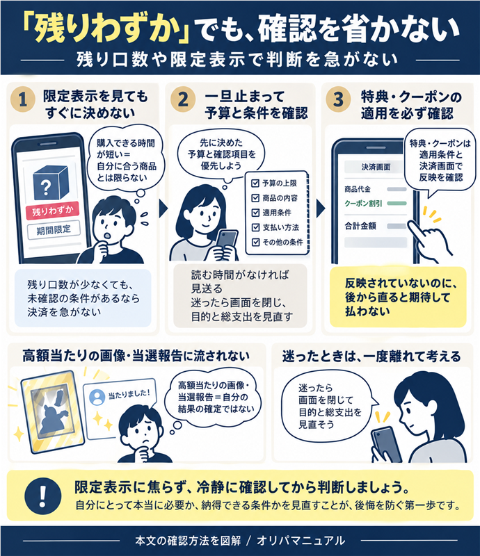 「残りわずか」でも、確認を省かない。購入できる時間が短い≠自分に合う商品／残り口数が少なくても、未確認の条件があるなら決済を急がない／先に決めた予算と確認項目を優先／高額当たりの画像・当選報告≠自分の結果の確定／特典・クーポンは適用条件と決済画面で反映を確認／反映されていないのに、後から直ると期待して払わない／読む時間がなければ見送る／迷ったら画面を閉じ、目的と総支出を見直す。現行N008本文の仕組みを図解。