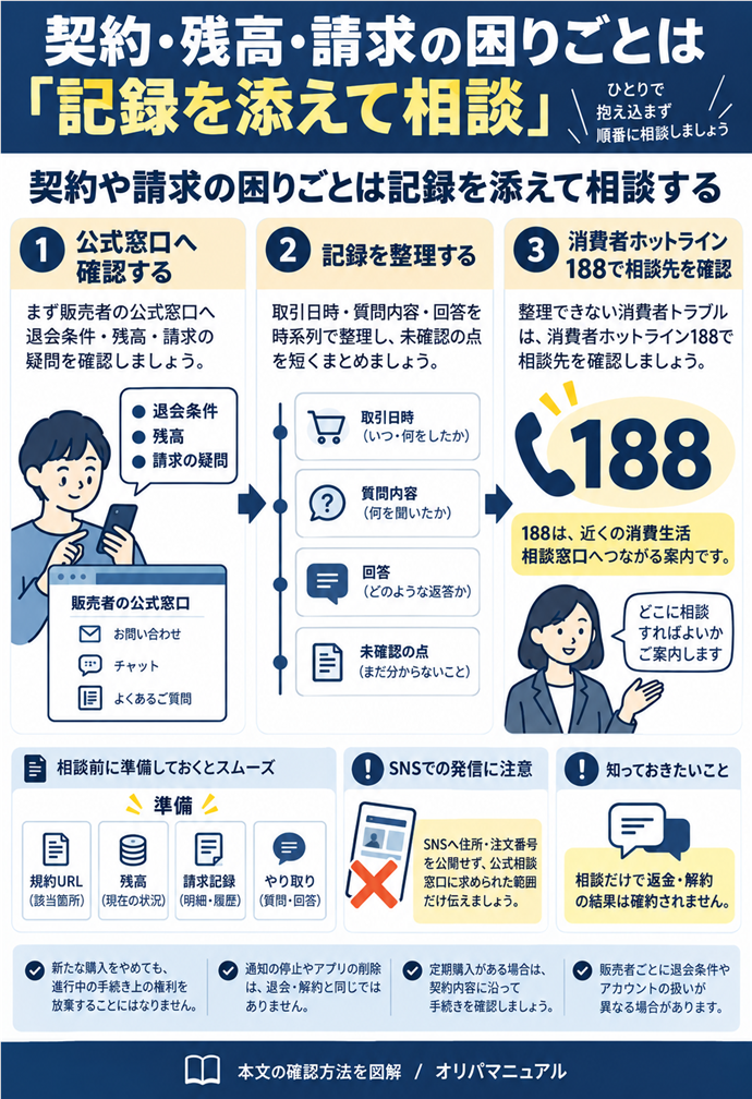 契約・残高・請求の困りごとは「記録を添えて相談」。まず販売者の公式窓口へ退会条件・残高・請求の疑問を確認／取引日時・質問内容・回答を時系列で整理／未確認の点を短くまとめる／整理できない消費者トラブル→消費者ホットライン188で相談先を確認／188は近くの消費生活相談窓口へつながる案内／相談だけで返金・解約の結果は確約されない／準備｜規約URL・残高・請求記録・やり取り／SNSへ住所・注文番号を公開せず、公式相談窓口に求められた範囲だけ伝える。現行N010本文の仕組みを図解。