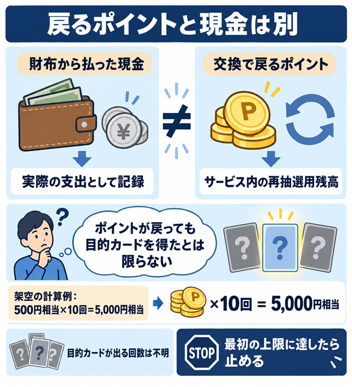 戻るポイントと現金は別。財布から払った現金／実際の支出として記録／交換で戻るポイント／サービス内の再抽選用残高／ポイントが戻っても目的カードを得たとは限らない／架空の計算例：500円相当×10回＝5,000円相当／目的カードが出る回数は不明／最初の上限に達したら止める。現行N012本文の仕組みを図解。