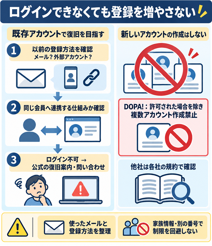 ログインできなくても登録を増やさない。以前の登録方法を確認／メール？外部アカウント？／同じ会員へ連携する仕組みか確認／ログイン不可 → 公式の復旧案内・問い合わせ／DOPA!：許可された場合を除き複数アカウント作成禁止／他社は各社の規約で確認／使ったメールと登録方法を整理／家族情報・別の番号で制限を回避しない。現行N013本文の仕組みを図解。