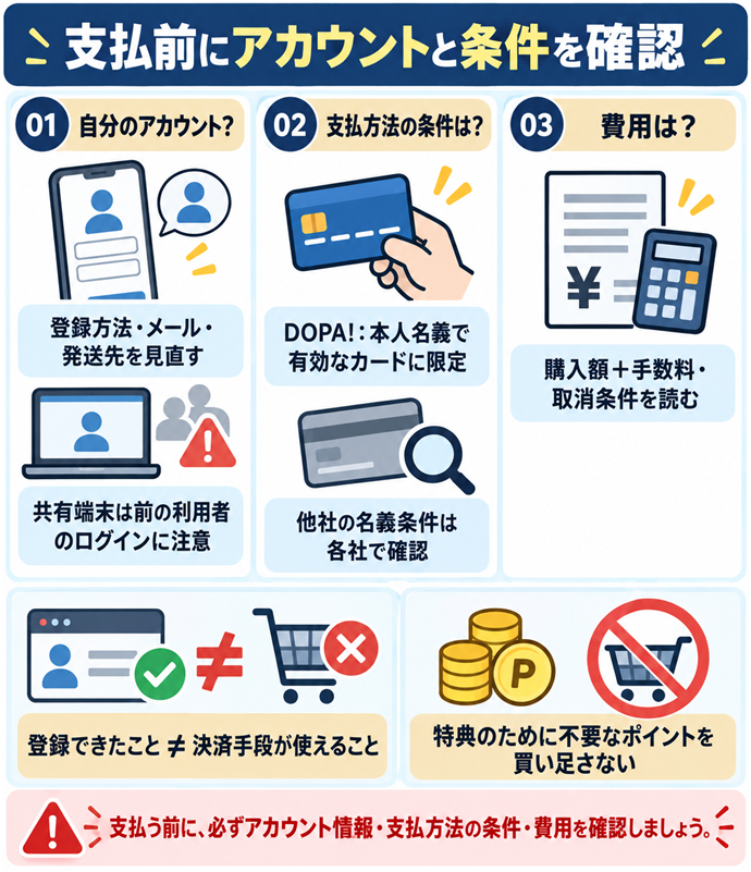 支払前にアカウントと条件を確認。自分のアカウント？／登録方法・メール・発送先を見直す／共有端末は前の利用者のログインに注意／支払方法の条件は？／DOPA!：本人名義で有効なカードに限定／他社の名義条件は各社で確認／購入額＋手数料・取消条件を読む／登録できたこと ≠ 決済手段が使えること／特典のために不要なポイントを買い足さない。現行N013本文の仕組みを図解。