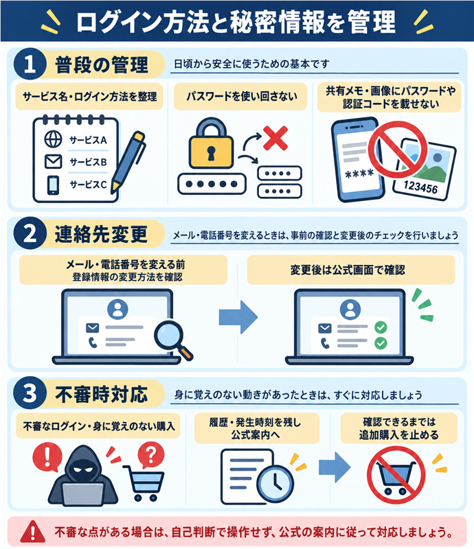 ログイン方法と秘密情報を管理。サービス名・ログイン方法を整理／パスワードを使い回さない／共有メモ・画像にパスワードや認証コードを載せない／メール・電話番号を変える前／登録情報の変更方法を確認／変更後は公式画面で確認／不審なログイン・身に覚えのない購入／履歴・発生時刻を残し公式案内へ／確認できるまでは追加購入を止める。現行N013本文の仕組みを図解。