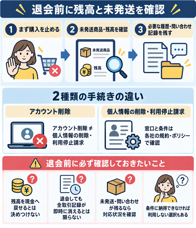退会前に残高と未発送を確認。1 まず購入を止める／2 未発送商品・残高を確認／3 必要な履歴・問い合わせ記録を残す／残高を現金へ戻せるとは決めつけない／アカウント削除 ≠ 個人情報の削除・利用停止請求／窓口と条件は各社の規約・ポリシーで確認／退会しても全取引記録が即時に消えるとは限らない／未発送・問い合わせが残るなら対応状況を確認／条件に納得できなければ利用しない選択もある。現行N013本文の仕組みを図解。