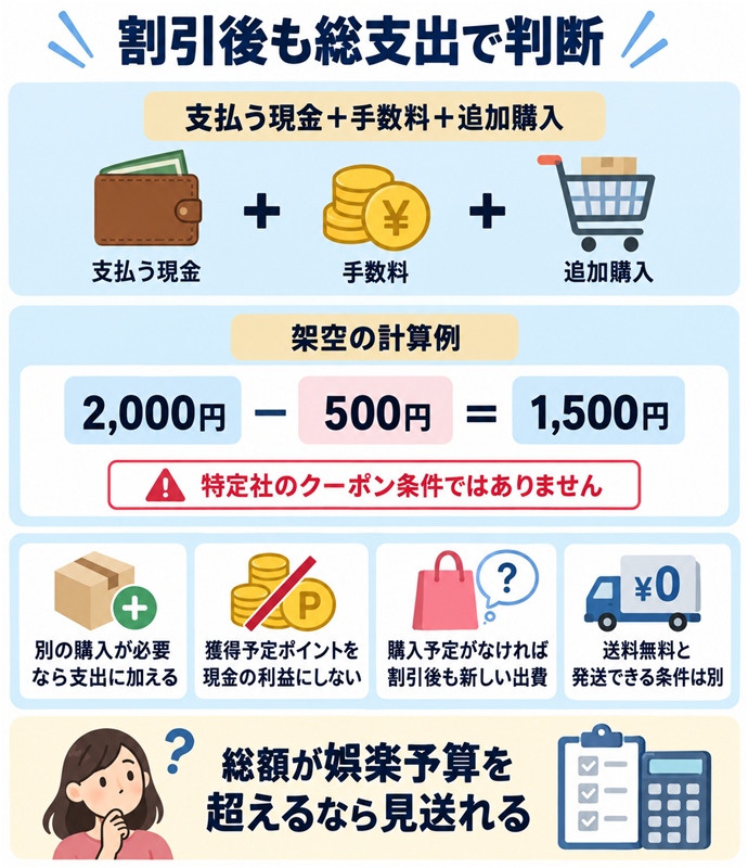 割引後も総支出で判断。支払う現金＋手数料＋追加購入／架空の計算例／2,000円−500円＝1,500円／特定社のクーポン条件ではありません／別の購入が必要なら支出に加える／獲得予定ポイントを現金の利益にしない／購入予定がなければ割引後も新しい出費／送料無料と発送できる条件は別／総額が娯楽予算を超えるなら見送れる。現行N014本文の仕組みを図解。