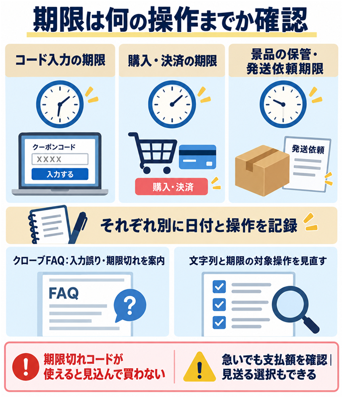 期限は何の操作までか確認。コード入力の期限／購入・決済の期限／景品の保管・発送依頼期限／それぞれ別に日付と操作を記録／クローブFAQ：入力誤り・期限切れを案内／文字列と期限の対象操作を見直す／期限切れコードが使えると見込んで買わない／急いでも支払額を確認｜見送る選択もできる。現行N014本文の仕組みを図解。