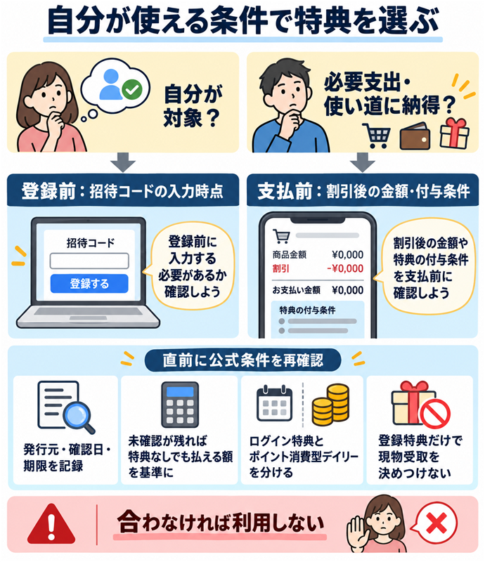 自分が使える条件で特典を選ぶ。自分が対象？／必要支出・使い道に納得？／登録前：招待コードの入力時点／支払前：割引後の金額・付与条件／直前に公式条件を再確認／発行元・確認日・期限を記録／未確認が残れば特典なしでも払える額を基準に／ログイン特典とポイント消費型デイリーを分ける／登録特典だけで現物受取を決めつけない／合わなければ利用しない。現行N014本文の仕組みを図解。