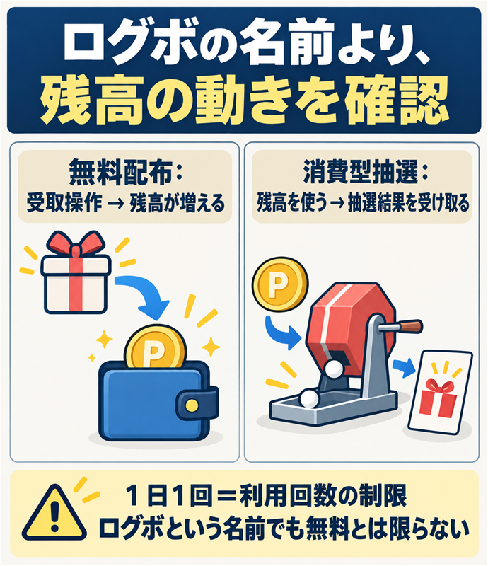 ログボの名前より、残高の動きを確認。無料配布：受取操作 → 残高が増える／消費型抽選：残高を使う → 抽選結果を受け取る／１日１回＝利用回数の制限／ログボという名前でも無料とは限らない。現行N015本文の仕組みを図解。
