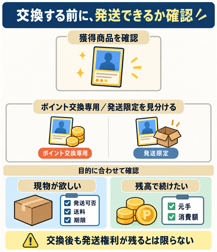 交換する前に、発送できるか確認。獲得商品を確認／ポイント交換専用／発送限定を見分ける／現物が欲しい → 発送可否・送料・期限を確認／残高で続けたい → 元手と消費額を確認／交換後も発送権利が残るとは限らない。現行N015本文の仕組みを図解。