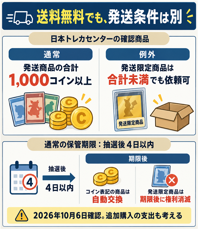 送料無料でも、発送条件は別。日本トレカセンターの確認商品／通常：発送商品の合計1,000コイン以上／例外：発送限定商品は合計未満でも依頼可／通常の保管期限：抽選後４日以内／期限後：コイン表記の商品は自動交換／発送限定商品は期限後に権利消滅／2026年10月6日確認。追加購入の支出も考える。現行N015本文の仕組みを図解。
