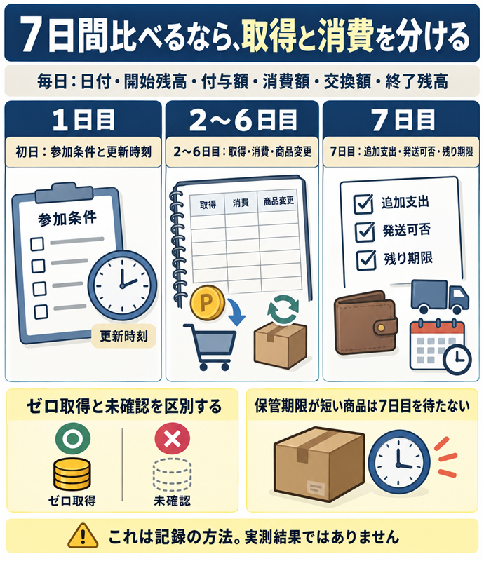 ７日間比べるなら、取得と消費を分ける。毎日：日付・開始残高・付与額・消費額・交換額・終了残高／課金した日は、支払った現金も別に記録／初日：参加条件と更新時刻／２〜６日目：取得・消費・商品変更／７日目：追加支出・発送可否・残り期限／ゼロ取得と未確認を区別する／保管期限が短い商品は７日目を待たない／これは記録の方法。実測結果ではありません。現行N015本文の仕組みを図解。