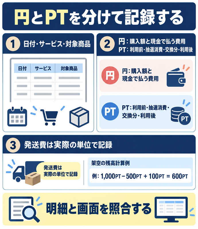 円とPTを分けて記録する。円とPTを分けて記録する／日付・サービス・対象商品／円：購入額と現金で払う費用／PT：利用前・抽選消費・交換分・利用後／発送費は実際の単位で記録／例：1,000PT − 500PT ＋ 100PT ＝ 600PT／架空の残高計算例／明細と画面を照合する。現行N018本文の仕組みを図解。