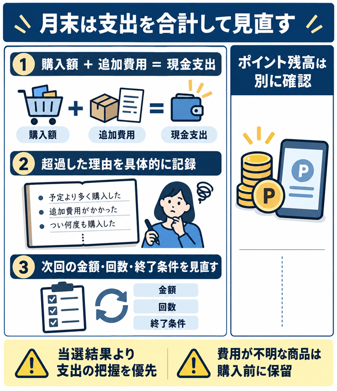 月末は支出を合計して見直す。月末は支出を合計して見直す／購入額 ＋ 追加費用 ＝ 現金支出／ポイント残高は別に確認／超過した理由を具体的に記録／次回の金額・回数・終了条件を見直す／当選結果より支出の把握を優先／費用が不明な商品は購入前に保留。現行N018本文の仕組みを図解。